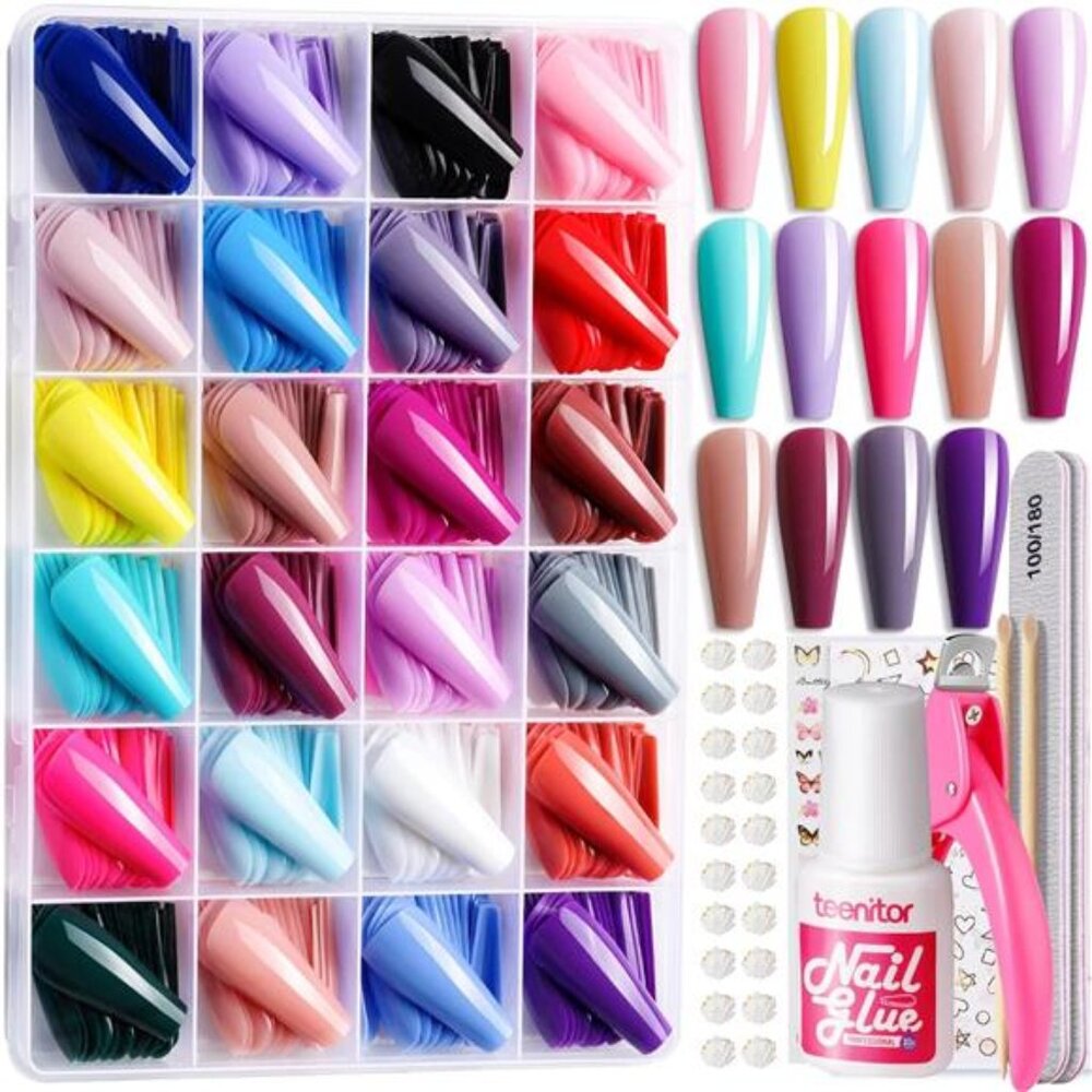 Full Cover Color Press On Coffin Nails, 576pcs Fake Nail Tips in 24 Colors, Glue